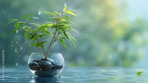 Small green bamboo grows in the water and there is some stones at bottom - Background color is light blue green gradient created with Generative AI Technology