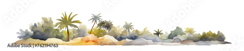 Watercolor palm trees and bushes on the beach, isolated PNG cutout. Tropical island. Horizontal bar element for book design, divider, separator, footer for website .