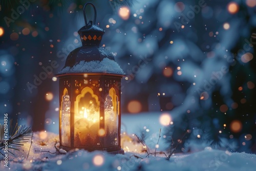 A lantern glowing in the snow, perfect for winter themes