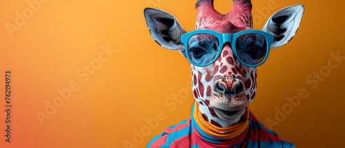 A debonair giraffe figure wears a smart blue blazer  set against a warm orange backdrop suggesting confidence