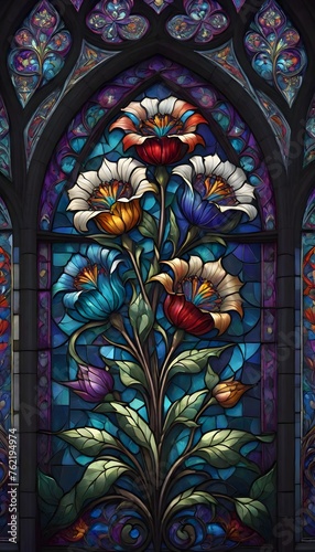 Colorful Floral Design on Stained Glass Window, Featuring Red, Blue, and Yellow Flowers Against Dark Background, Generative AI