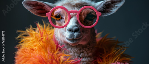 A fashionable sheep character donning a fluffy orange jacket and stylish glasses on a dark background