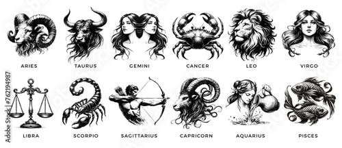Zodiac signs in a vintage engraving style. Astrological signs. Horoscope icons set. Generative AI.	 photo
