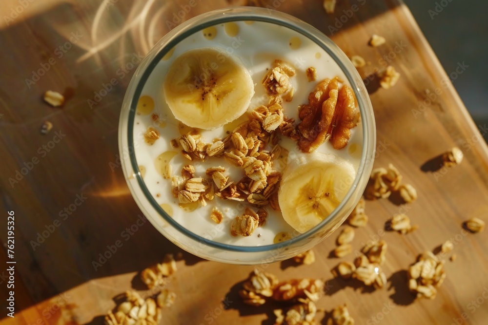 A glass of yogurt topped with bananas and granola A glass of yogurt topped with bananas and granola