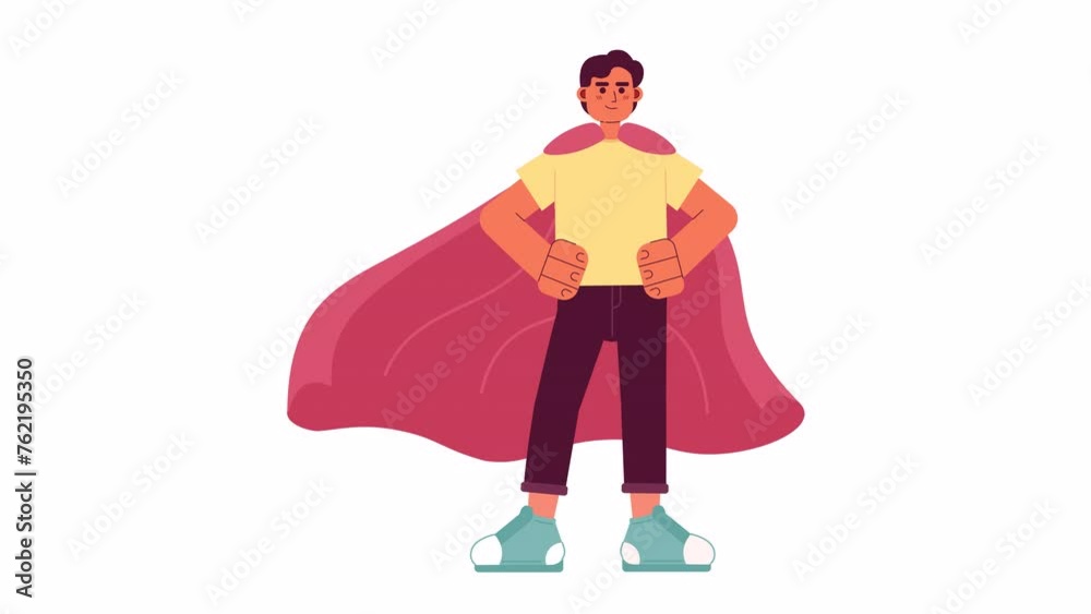 Believe in yourself cartoon animation. Confident young man wearing hero cape 4K video motion graphic. Self improvement development 2D color animated character isolated on white background