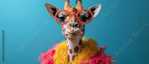 A giraffe adorned in a feathery boa and quirky orange glasses stares endearingly at the camera