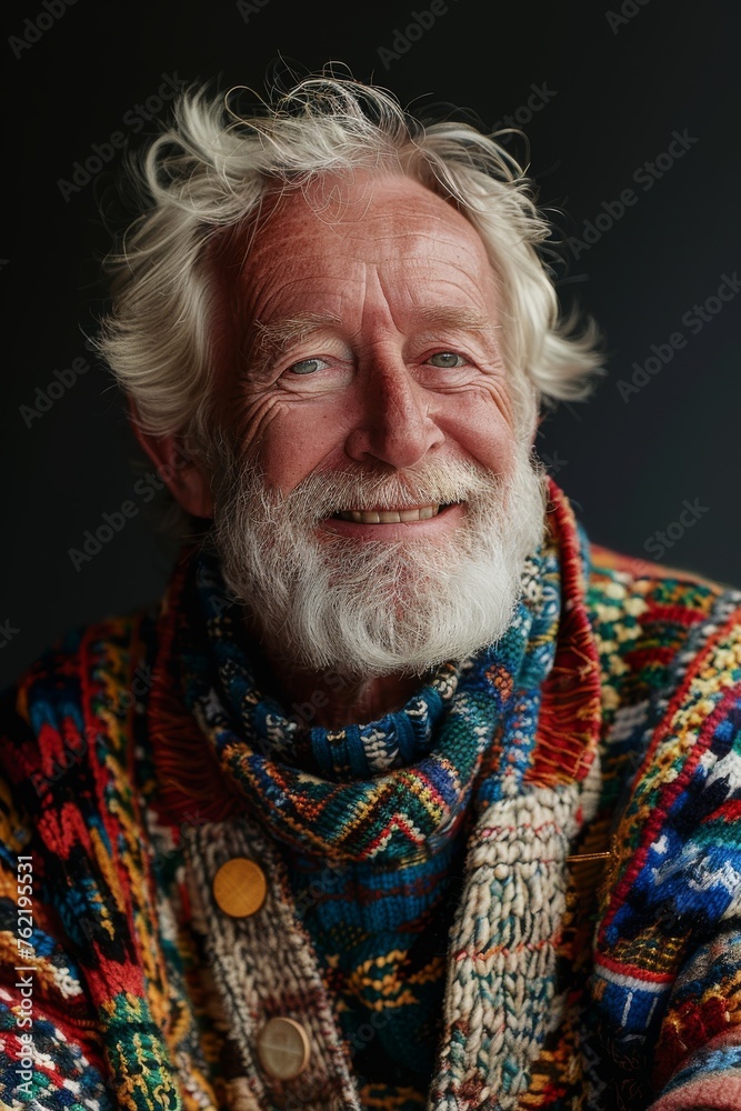 Elderly man smiling at camera. A close-up portrait of an elderly, man with a warm smile, wearing fashionable clothes.