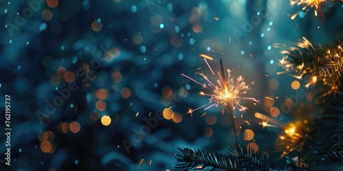 Close up of a sparkler on a festive Christmas tree, perfect for holiday designs