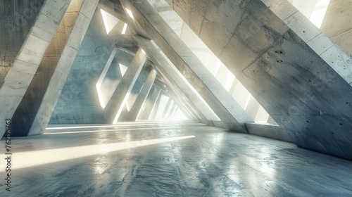 An abstract futuristic architecture rendered with concrete floors in 3D.
