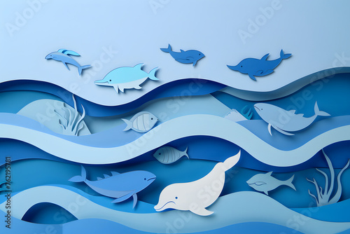 Paper-cut waves in shades of blue, with paper-cut marine creatures swimming, generative ai