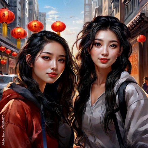 
Beautiful girls walk along the streets of a Chinese city. Beautiful oriental faces of girls.