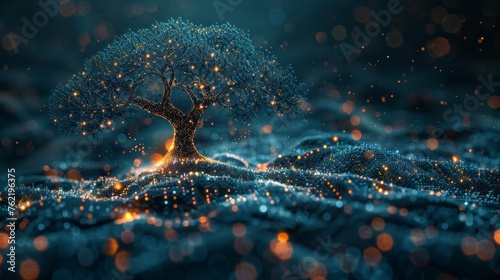 An illustration of tree growth in a digital futuristic polygonal style. An energy source or artificial intelligence source. Modern illustration. photo