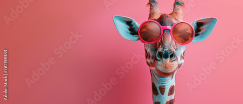 Creative animal concept. Giraffe glam fashionable couture high end outfits isolated on bright background advertisement, copy space. birthday party invite invitation banner © Daniel