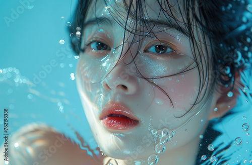 Beautiful Korean girl, in the sea of glassy water, wearing light makeup and lipstick, looking at the camera with a happy smile
