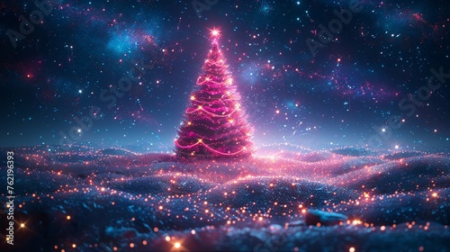 Modern illustration of a future Christmas tree with futuristic cyber icons.