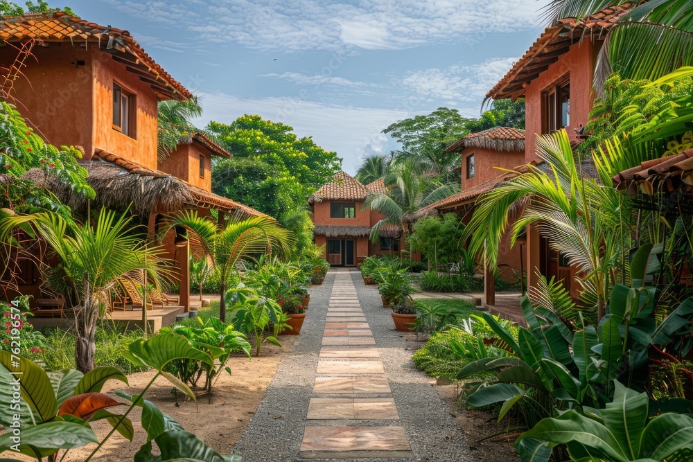Professional Photography of an Eco-Friendly Resort and Spa, With Sustainable Architecture, Generative AI