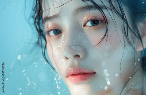 Beautiful Asian girl, in the sea of glassy water, wearing light makeup and lipstick, looking at the camera with a happy smile