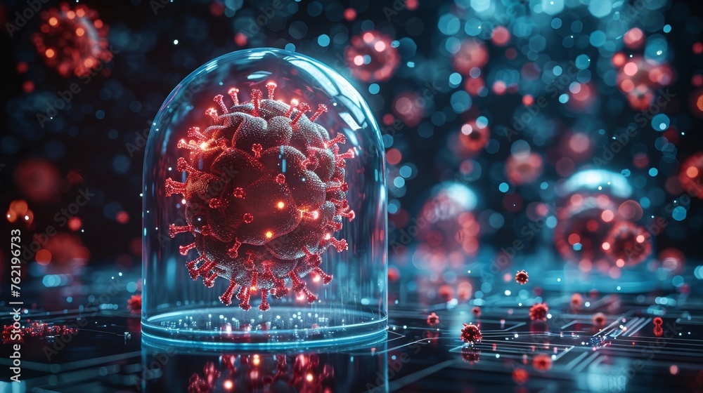 A blue glass domed brain attacked by red viruses. Medical lab research concept. Low poly style. Blue geometric background. Wireframe connection structure. Modern 3D graphic. - obrazy, fototapety, plakaty 