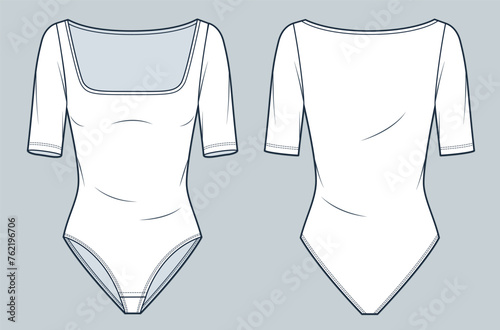 Square Neck Bodysuit technical fashion illustration. Half Sleeve Bodysuit fashion flat technical drawing template, slim fit, front and back view, white, women CAD mockup.