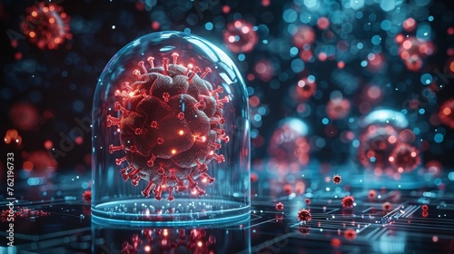 A blue glass domed brain attacked by red viruses. Medical lab research concept. Low poly style. Blue geometric background. Wireframe connection structure. Modern 3D graphic. photo