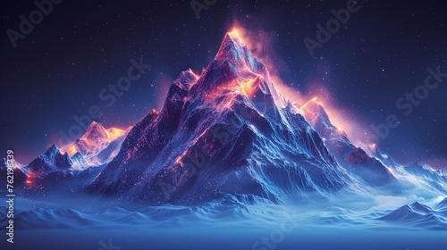 A futuristic modern illustration of a mountain success concept on a blue background. The goal is achieved. Abstract glowing modern illustration suitable for travel or tourism. photo