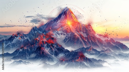 A mountain concept illustration showing the route to the goal in a futuristic digital style on a white background. photo