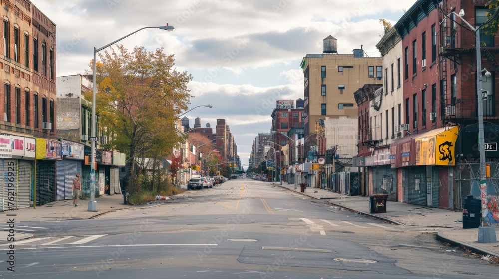 NEW YORK - OCTOBER 4: A Bushwick street on October 4th, 2017 in Bushwick Brooklyn. Bushwick's major commercial streets are Knickerbocker Avenue, Myrtle Avenue, Wyckoff Avenue, and Broadway.