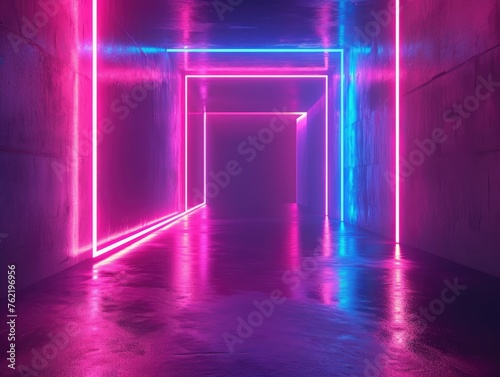 Image capturing the essence of a neon corridor  with lines that glow in ultraviolet light  creating a luminous tunnel-like structure reminiscent of an LED arcade or stage setting. AI