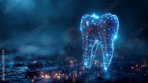 In a futuristic two-dimensional polygonal style on a blue background, a tooth with calcium and fluoride strengthens the tooth with minerals and protects it from quarrying.