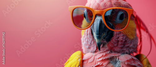 A detailed close-up image of a parrot with bold orange sunglasses introduces a playful vibe against a pink background © Daniel