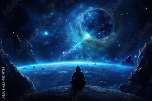 Man at alien planet sitting and looking over the fantasy landscape and sky. Ai Generative