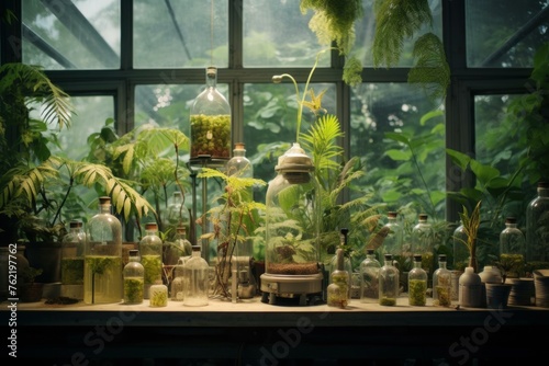 Scientific Laboratory biology plants test. Organic glass. Generate Ai
