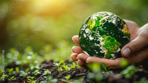 The hands holding the globe in the forest are provided by NASA as part of the Environment Concept - USA element in this image.