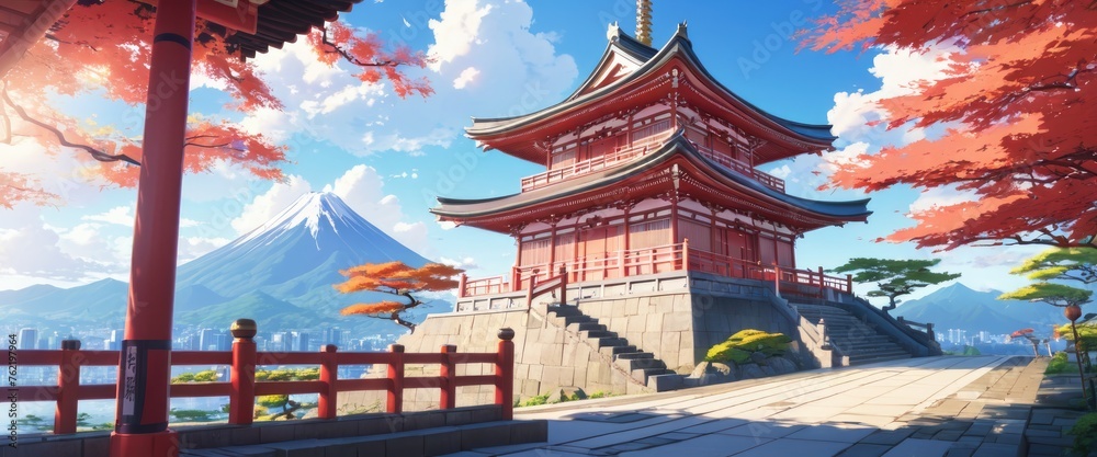 Obraz premium Japanese temple with a beautiful view, serene landscape wallpaper