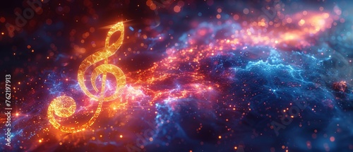 Digital music, Orchestral entertainment, Modern technology, Music school symbol, Key tune, Clef sign, Treble note, Poster art, Song staff concept, Abstract 3D clef treble. photo
