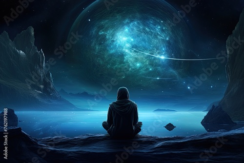 Man at alien planet sitting and looking over the fantasy landscape and sky. Ai Generative