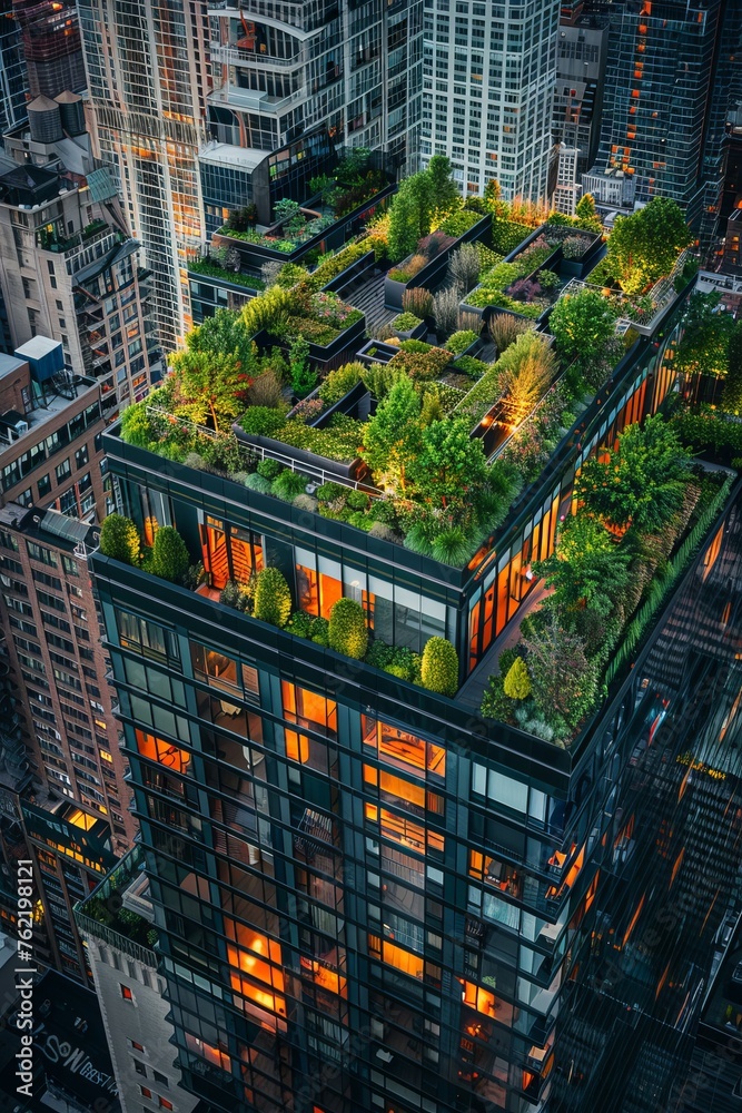 Professional Photography of an Urban Rooftop Garden Oasis, Generative AI - obrazy, fototapety, plakaty 