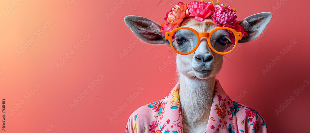 Eccentric image of a goat wearing a colorful floral shirt, an exploration of humor and style with a hidden face