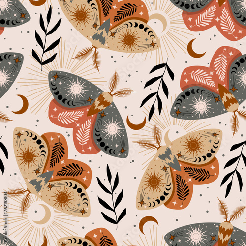 Magic seamless pattern with moon moths. Boho art print. Design for card, fabric, print, greeting, cloth, poster, clothes, textile.
