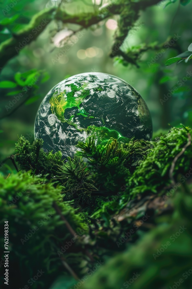 Glass globe on moss covered forest, ideal for nature themes