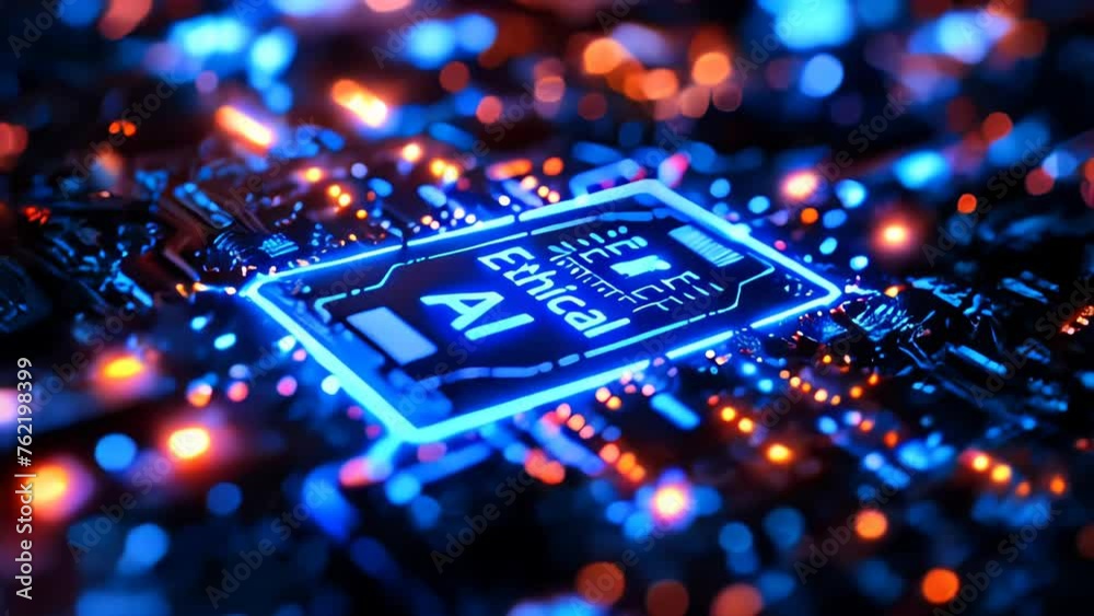Futuristic neon-lit circuit board with Ethical AI text highlighting the importance of morality in artificial intelligence development