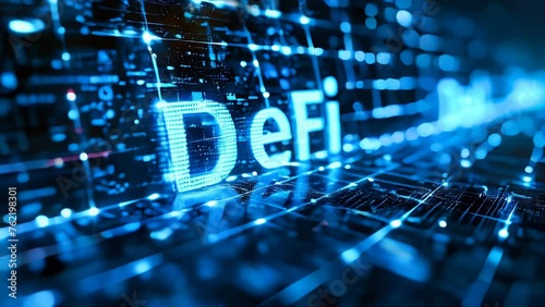 Illuminated 'DeFi' signifying Decentralized Finance on a digital blockchain background, representing innovation in fintech and cryptocurrency photo