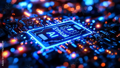 Futuristic neon-lit circuit board with Ethical AI text highlighting the importance of morality in artificial intelligence development