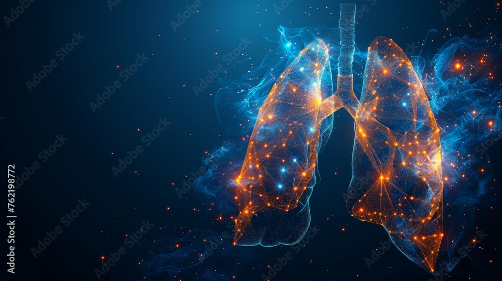 In the form of a geometric silhouette, the particles of the lung are connected by low poly wireframes. Concept of lung disease treatment. Abstract illustration on a light blue background. - obrazy, fototapety, plakaty 