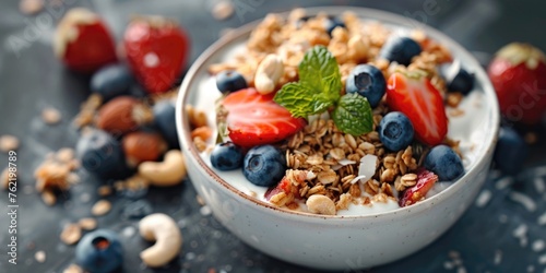 A bowl of granola topped with fresh strawberries, blueberries, and nuts