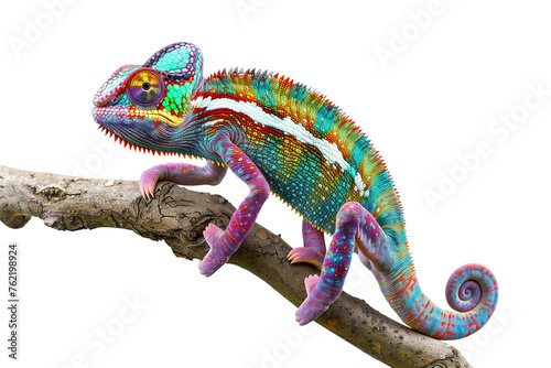 Colorful chameleon perched on wooden twig isolated on transparent background © kanurism