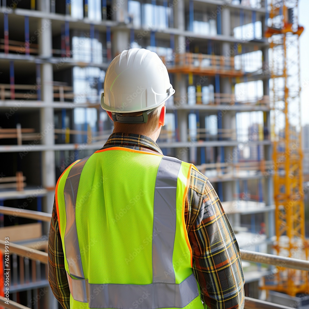 Back view of construction engineer in standard safety looking at the building in the construction site- Back view of construction engineer in standard safety looking at the building in the construction site-