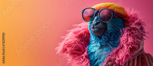 A single vibrant blue parrot with an amusing expression wearing a winter coat and stylish sunglasses. Creative, innovative Animal Design. Animal in Chic High-End Fashion. 