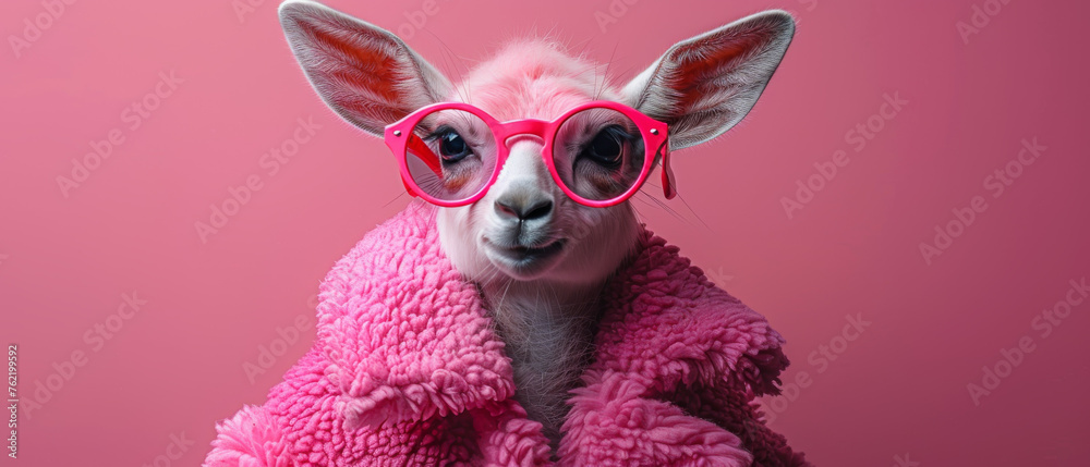 An adorable alpaca in a soft pink fluffy outfit gives a comforting and playful vibe An adorable alpaca in a soft pink fluffy outfit gives a comforting and playful vibe