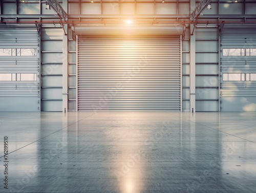 Spacious and empty industrial warehouse with closed shutter door reflecting the warm glow of a setting sun. photo
